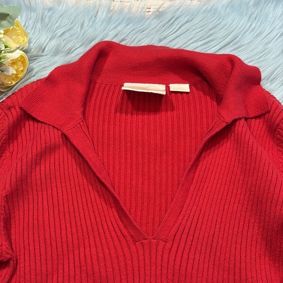 Anthropologie Maeve Bell Sleeve Red Polo Ribbed Crop Length Sweater sz S - Picture 4 of 13